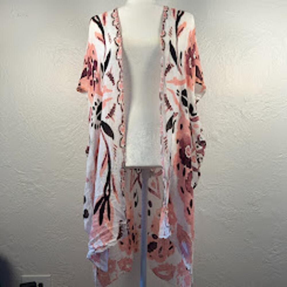 Avenue Zoe Kimono Cover Up Pink Cream Floral Open Front Duster OS Boho Resort